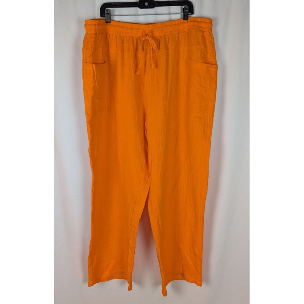 Ashley Stewart Plus Size Orange Cotton Gauze Wide Leg Drawstring Pants 24 NWT